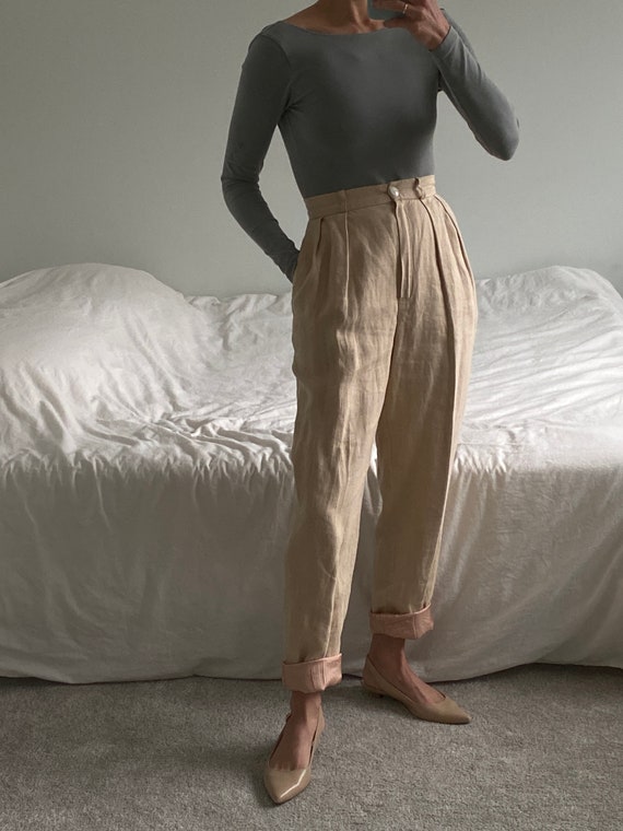 Tan Linen Trousers ~ Soft woven high waist slacks… - image 4