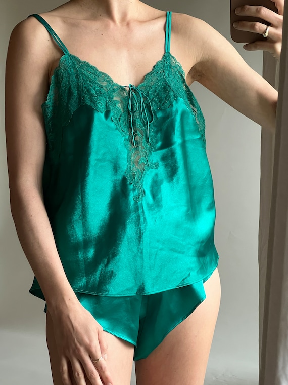 90s Satin Sleepwear Set - Lace trim rich emerald … - image 9
