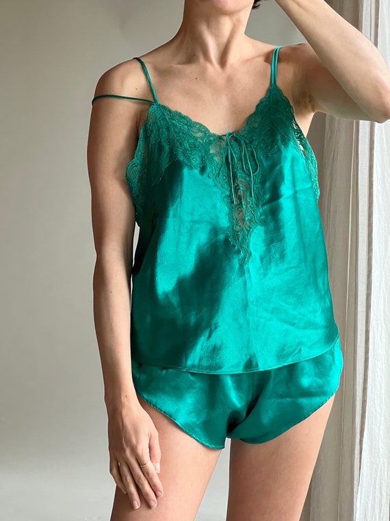 90s Satin Sleepwear Set - Lace trim rich emerald … - image 2