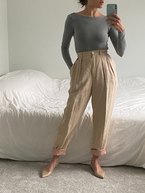 Tan Linen Trousers ~ Soft woven high waist slacks… - image 1