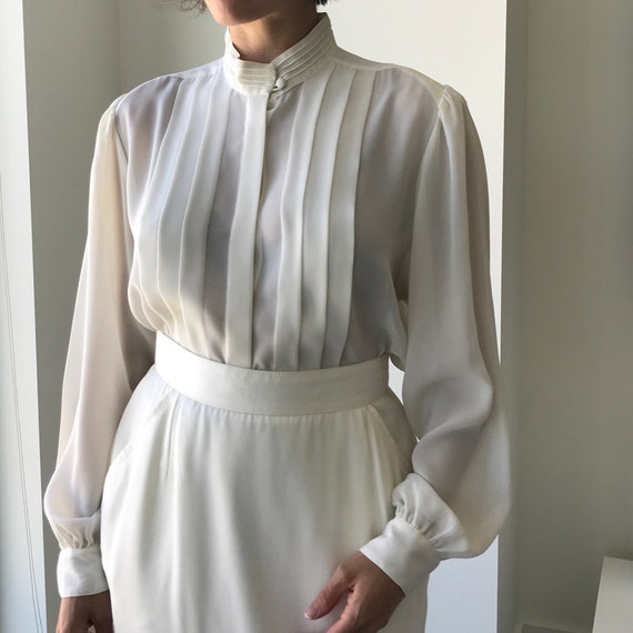 Pleated Ivory Blouse - buttery matte crepe size L