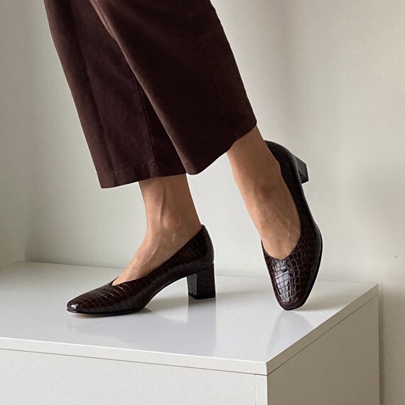 Cocoa Leather Pumps ~ 1990s vintage brown block h… - image 7