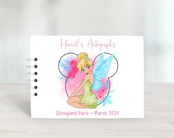 Personalised A5 Tinkerbell Autograph Book, protective covers, Disneyland Paris, Disney World Florida signature book Scrapbook Disney Reveal