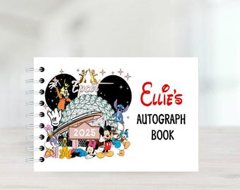 May include: White spiral-bound autograph book featuring Disney characters and the text "Ellie's Autograph Book." The cover includes the Epcot logo, the year 2025, and various cartoon characters like Mickey Mouse and Stitch.