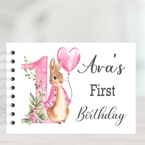 A5 Personalised Peter Rabbit, Flopsy Bunny, 1st First Birthday Message Book / Guest Book / Guestbook / Photo Scrapbook Album / Blue or Pink
