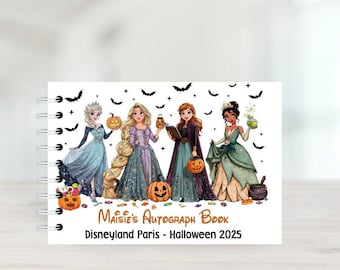 Personalised Halloween Princess Autograph Book, Rapunzel, Elsa, Anna, Disneyland Paris, Disney World, Signature Book, Pumpkins, Bats
