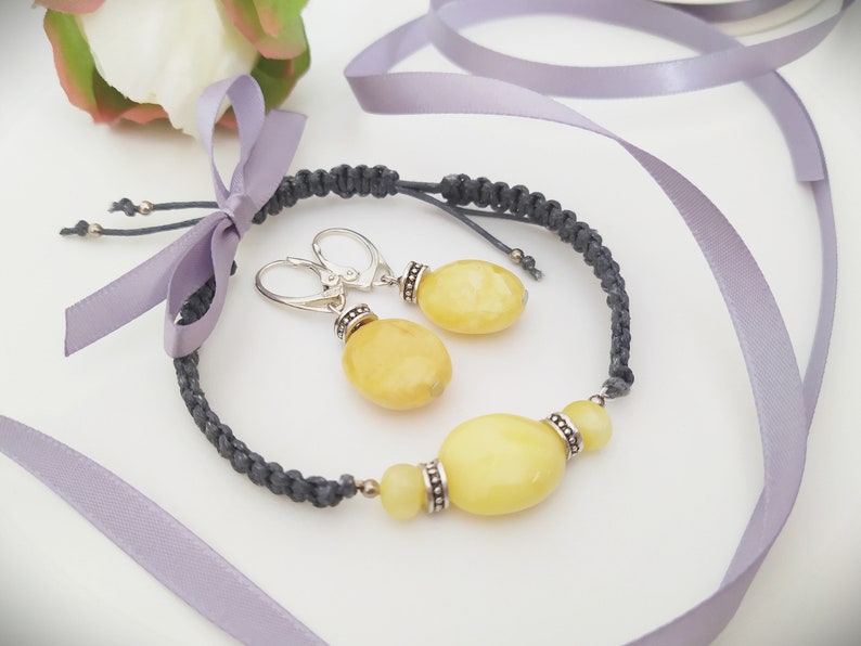 Knotted bracelet and earrings with Baltic milky amber beads,Amber jewelry set,Baltic yellow butterscotch Royal Amber earrings and bracelet
