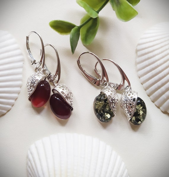 Baltic Amber cherry and green drops earrings,Classic dark cognac ,green amber & sterling silver 925 earrings,Amber jewelry
