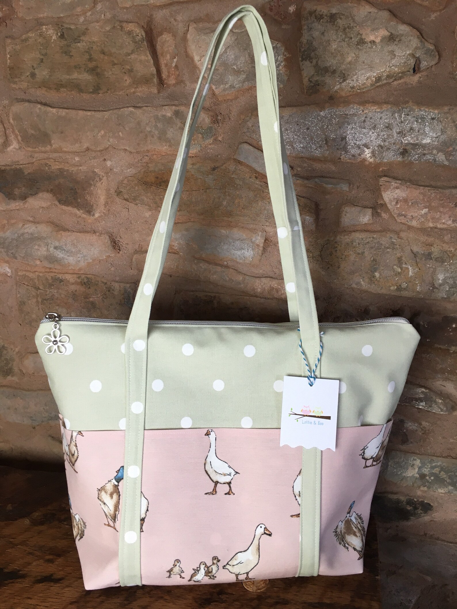 Duck bag Unique green with white spotted bag with pink duck Etsy