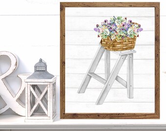 PRINT & SHIP/White Distressed Farmhouse Ladder with Basket of MULTI Colored Floral Bouquet Wall Print/home decor/Farmhouse decor