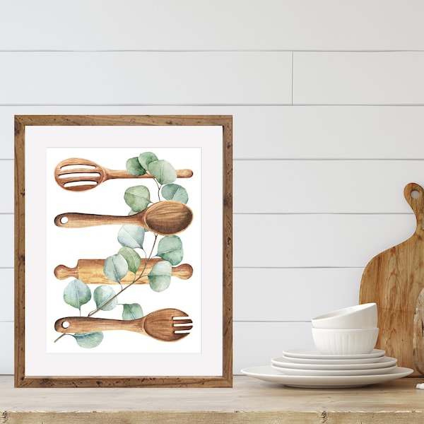 DIGITAL DOWNLOAD/Wood Utensils & Eucalyptus Kitchen Wall Print/Kitchen Decor/farmhouse decor/country decor/rustic decor/farmhouse wall decor