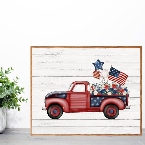 PRINT & SHIP/PATRIOTIC Antique Truck with Flowers, Flag and Balloons/bathroom decor/farmhouse decor/toilet paper/antique truck