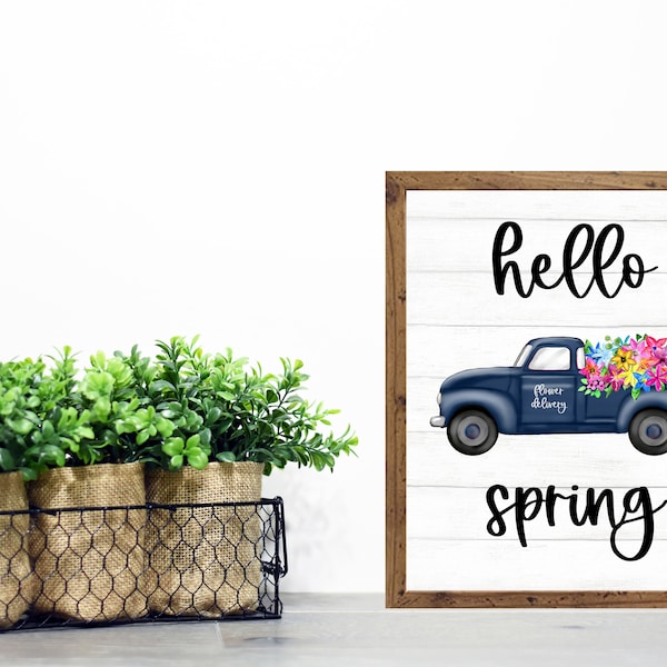 DIGITAL DOWNLOAD/Antique BLUE truck with spring flowers/hello spring/farmhouse decor/antique truck/spring print/seasonal print