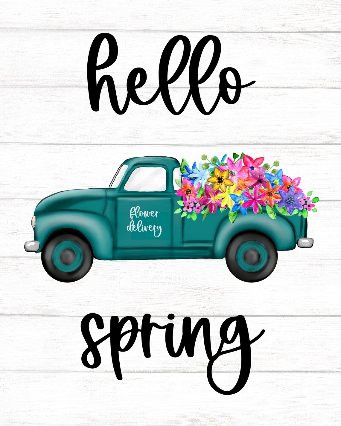 DIGITAL DOWNLOAD/Antique TEAL truck with spring flowers/hello Etsy