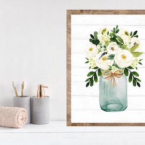 DOWNLOAD DIGITALE/Vaso da muratore verde salvia con fiori bianchi Stampa murale bagno agriturismo/arredamento casale/decorazioni casali/arredamento rustico