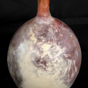 Saggar fired narrow neck bottle | 8" Purples with whites and pink, stoneware handmade
