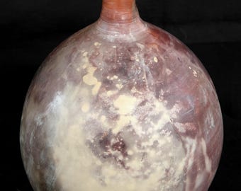 Saggar fired narrow neck bottle | 7.5" Purples with whites and pink, stoneware