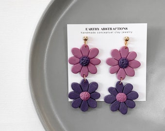 Purple Daisy Dangle Polymer Clay Earrings, Dangle, Lightweight Earrings | Handmade Polymer Clay | Gift for Her | Free Shipping