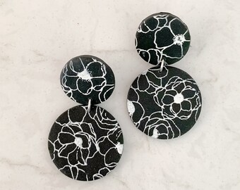 Black Florals Statement - Polymer Clay Earrings, Modern, Minimal,Boho, Ball Stud Jewelry,Comfortable Lightweight- Gift for Her|Free Shipping