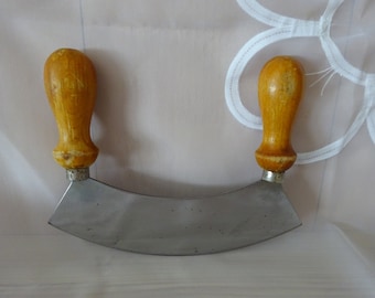 Vintage Wiegemesser Kräutermesser Metallklinge Holzgriffe 70er