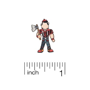 May include: A cartoon illustration of a lumberjack wearing a red and black plaid shirt, blue jeans, and a red hat. He is holding an axe in his right hand. The illustration is approximately 1 inch tall.