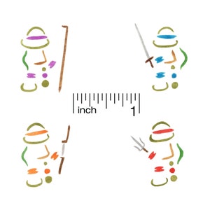 May include: Four cartoon figures, each with a different colored mask and weapon, are drawn in a watercolor style. The figures are green, blue, orange, and purple. A ruler with the words "inch" and "1" is shown below the figures.
