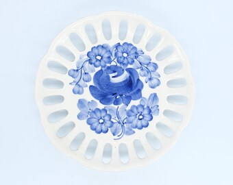 vintage wall decor plate, antique floral plate, retro ceramics made in Poland, decorative tablewear and decor, handpainted, blue and white