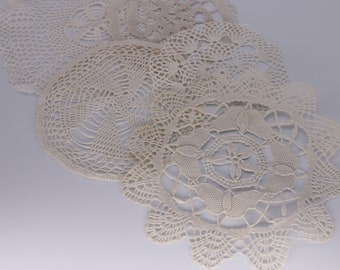 handmade crochet doily lace coasters set of 5, handmade coasters for drinks, delicate hobo hippie style, bohemian kitsch decor coasters