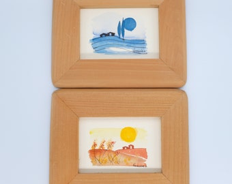 two little frames with vintage handpainted watercolor art, kitsch frames with art from Provence, France