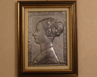 vintage frame with profile of a woman, handmade metal wall art, framed metal art, classic interior style, antique wall art, angelic art