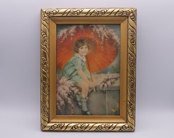 vintage frame with kitsch painting, retro interior decor, wall art, golden frame, child painting