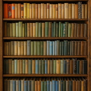 Könnte beinhalten: Ein Bücherregal aus Holz, gefüllt mit Reihen von Büchern, alle mit unterschiedlich farbigen Rückseiten. Die Bücher sind in einem Raster angeordnet, wobei jede Reihe die gleiche Anzahl von Büchern enthält. Das Bücherregal ist aus dunklem Holz gefertigt und hat ein schlichtes Design.