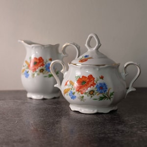 Bareuther Waldsassen Bavaria Vintage Sugar Bowl and Creamer Set | Retro Floral Porcelain, cute retro kitsch floral, botanical decor