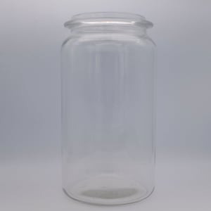 Puede incluir: Un tarro de vidrio transparente con una boca ancha y una tapa. El tarro está vacío y tiene un fondo liso y redondeado.