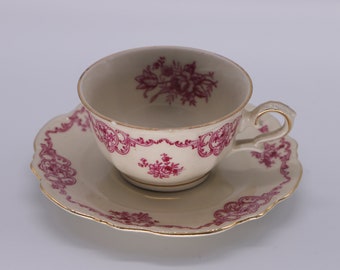 Vintage tea Cup with plate - retro tea set with pink flowers