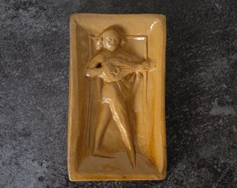 handmade ceramic figure, handmade clay tile made in Luxembourg Eimaischen 1993, rare ceramic piece, boho interior