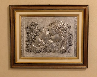 vintage frame with angels, handmade metal wall art, framed metal art, classic interior style, antique wall art, angelic art