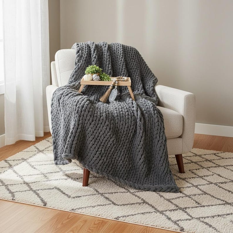 Chunky Knit Blanket: Handmade Chenille Throw, Cozy Home Decor immagine 2