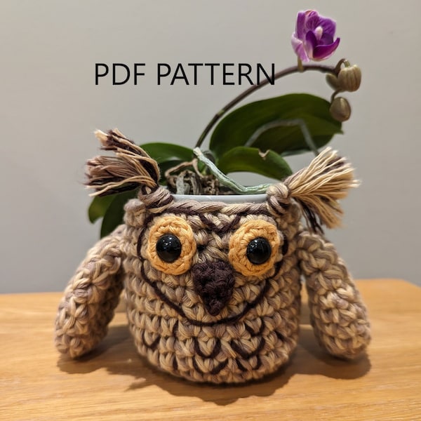 Crochet owl planter pdf pattern, plant pot home decoration, hanging planter