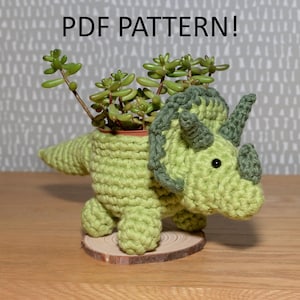 Crochet dinosaur triceratops planter pdf pattern, plant pot home decoration