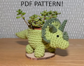 Crochet dinosaur triceratops planter pdf pattern, plant pot home decoration