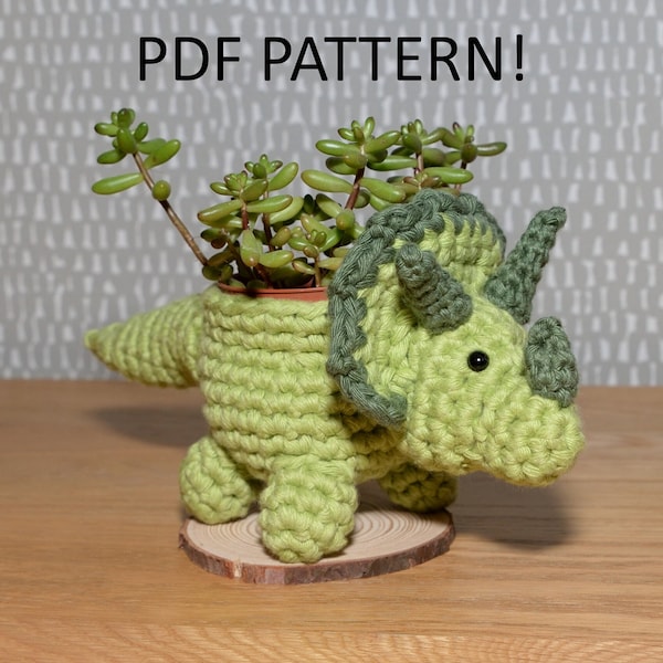Crochet dinosaur triceratops planter pdf pattern, plant pot home decoration