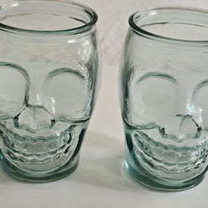 Aqua Glass Skull Vessels - Set of 2, Light Blue Green Recycled Glass For Altar Decor, Ancestor Offering Cups, Wiccan Witchcraft Ritual