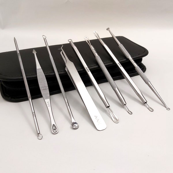 8 Stücke Mitesserentferner Komedonenquetscher Set, Blackhead Remover Tools Pickel ausdrücken Werkzeug mit Lederhülle