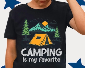 Boys Camping Family t-shirt - Camping is my Favorite tent mountain scene sun clouds All ages children adults Mom Kids Summer Spring Hiking
