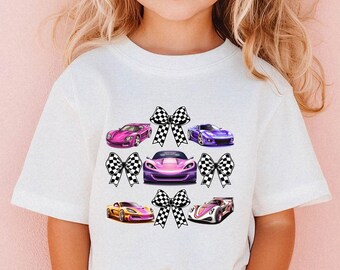 Women's Race Car T-Shirt - Checkered Flags Bows Ribbon Blue Racing Speedster Family Matching Pink Tee - His and Hers Mom and dad Shirts