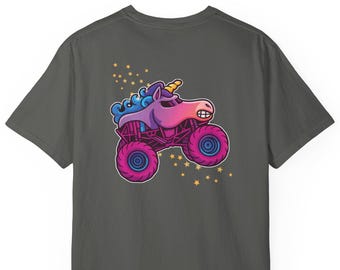 Unicorn Monster Truck Mama Comfort Colors Shirt, Matching Girls Sparkle Unicorn Smash Big Bold Colorful Graphic Tee Gold Stars Mom Mother