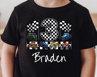 Boy Monster Truck Birthday Party T-shirt - Black and White Checkered Flags and Custom Age Number - Cartoon Graphics - Monster Truck Jam