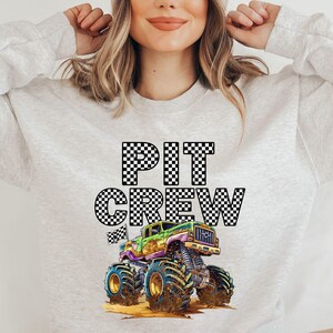 Checker Letters Monster Truck Jam Party Green Truck Pit Crew Sweatshirts Mom Dada Birthday Boy  Sweater Birthday Dude Toddler Kids Sibling Baby Sizes