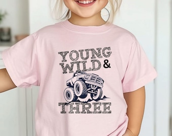 Retro Birthday Monster Truck Theme Old School Young Wild Three Third Party Family Matching T-Shirt Front Back Custon Name Age Boys girls